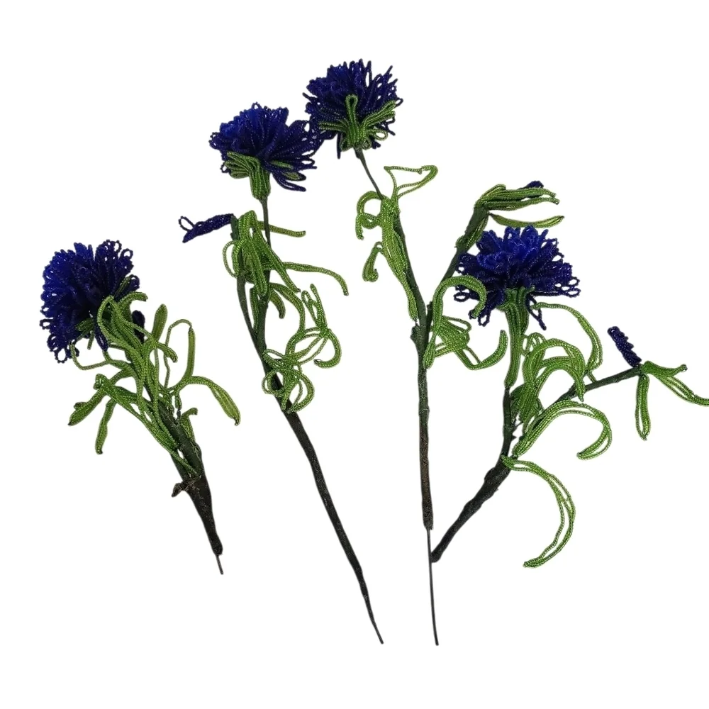 Handcrafted Wire & Bead Cobalt Cornflower Blooms – Botanical Art Stems Set